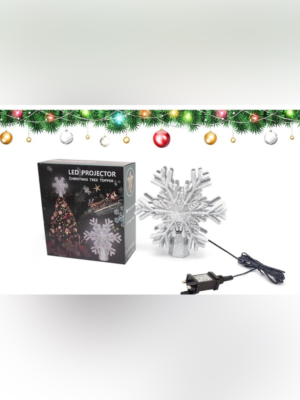 LED Lighted Snowflake Christmas Tree Topper Silver Glitter Projection NEW